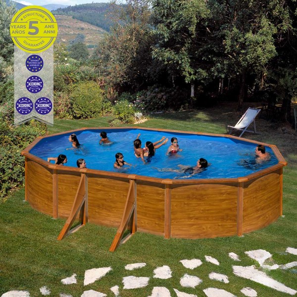 Piscina con pared de acero y chapa imitación madera, ovalada, con depuradora, 500 x 300 x 120 cm